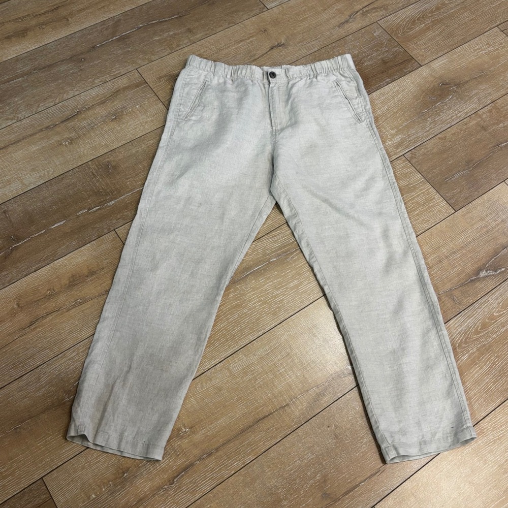 Tasso Elba Mens 100% Linen Pants Beige Elastic Waist Casual Trousers Large